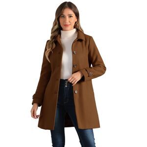 Winter Peter Pan Collar Mid-thigh A-line Single Breasted Pea Coat Dark Brown